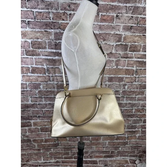 Calvin Klein Gold Metallic Pebbled Leather Satchel Crossbody Bag Convertible - Picture 3 of 16